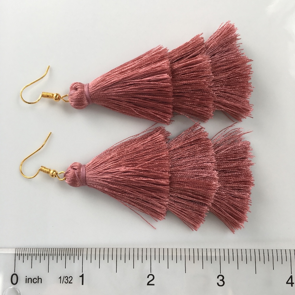 Tiered Tassel Drop Dusty Rose Dangle Earrings - Picture 4 of 8